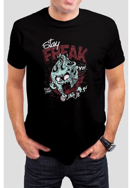 Stay Freak Baskılı Siyah Tişört C831