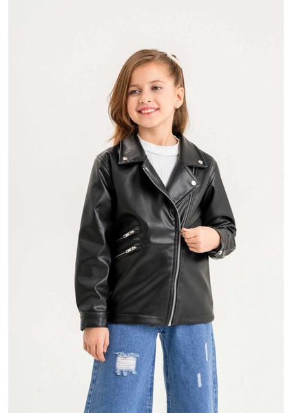 Fermuarlı Astarlı Kız Çocuk Deri Ceket