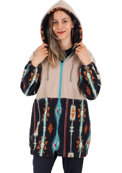 Lacivert/bej Kilim Desenli Kadın Polar Ceket