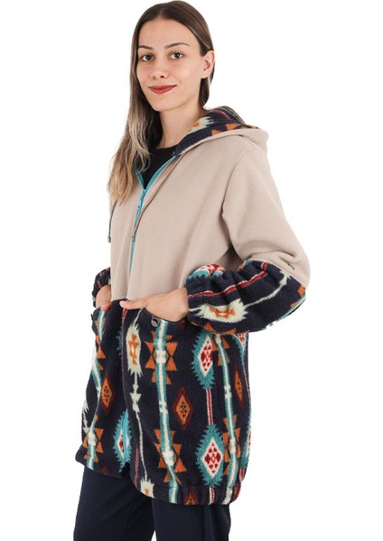 Lacivert/bej Kilim Desenli Kadın Polar Ceket