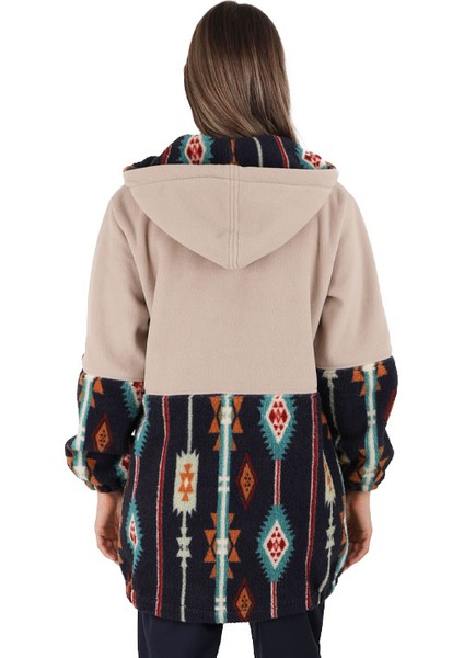 Lacivert/bej Kilim Desenli Kadın Polar Ceket modelleri