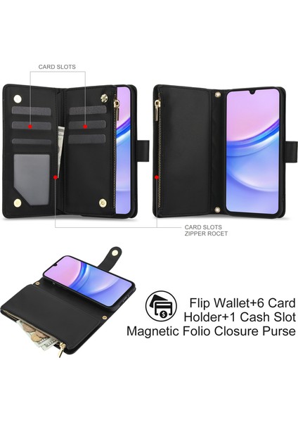 Samsung Galaxy A15 4g Fermuarlı Cüzdan Deri Crossbody Telefon Kılıfı (Yurt Dışından)
