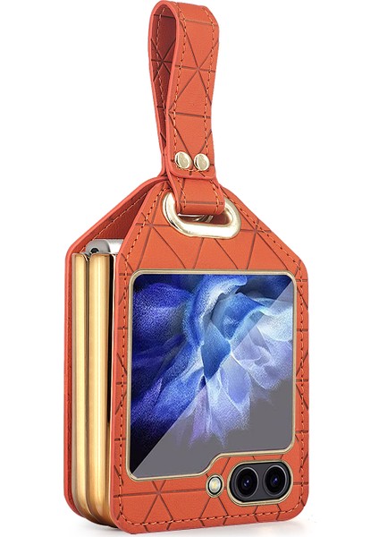Samsung Galaxy Z Flip5 5g Eşkenar Dörtgen Doku Deri + Pc Telefon Kapak Askısı Kickstand (Yurt Dışından)