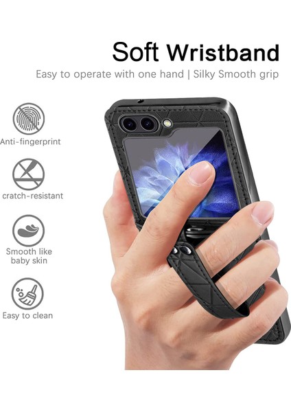 Samsung Galaxy Z Flip5 5g Eşkenar Dörtgen Doku Deri + Pc Telefon Kapak Askısı Kickstand (Yurt Dışından)