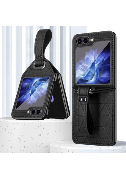 Samsung Galaxy Z Flip5 5g Eşkenar Dörtgen Doku Deri + Pc Telefon Kapak Askısı Kickstand (Yurt Dışından)