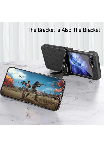 Samsung Galaxy Z Flip5 5g Eşkenar Dörtgen Doku Deri + Pc Telefon Kapak Askısı Kickstand (Yurt Dışından)