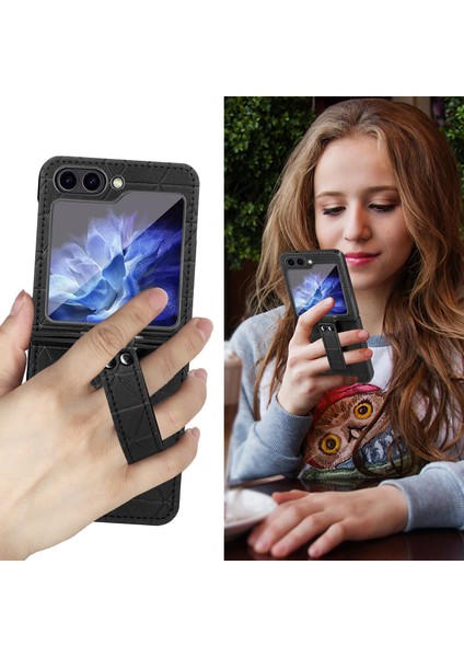 Samsung Galaxy Z Flip5 5g Eşkenar Dörtgen Doku Deri + Pc Telefon Kapak Askısı Kickstand (Yurt Dışından)