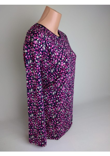 Kadın Lacivert Pembe V Yaka Uzun Kollu Yanları Yırtmaçlı Yazlık Viskon Likralı Anne Penye Tişört Bluz