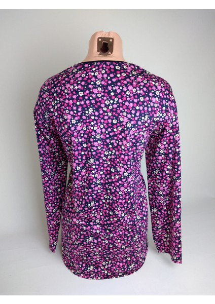 Kadın Lacivert Pembe V Yaka Uzun Kollu Yanları Yırtmaçlı Yazlık Viskon Likralı Anne Penye Tişört Bluz modelleri