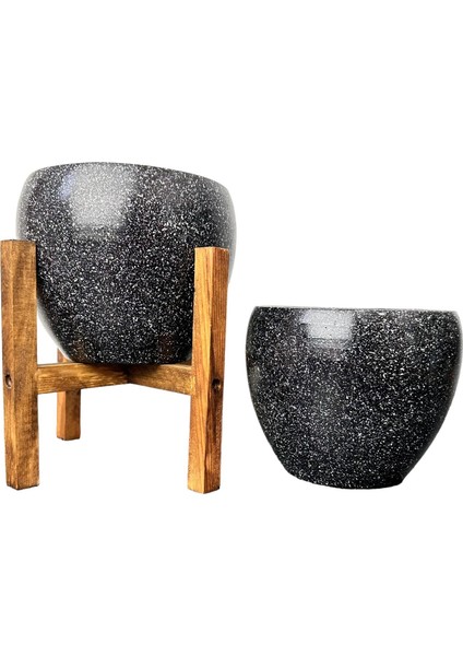 Ev Dekorasyon Siyah Granit Toprak Saksı Saksılık Salon Çiçeklik İkili Set Ayaksız - 4 Ayaklı- 15 CM