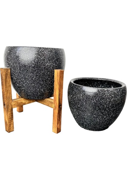 Ev Dekorasyon Siyah Granit Toprak Saksı Saksılık Salon Çiçeklik İkili Set Ayaksız - 4 Ayaklı- 15 CM modelleri