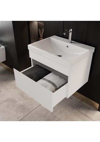 Karen Banyo Abant 60 cm Parlak Beyaz Lavabolu Banyo Dolabı Seti,lavabo Dahil