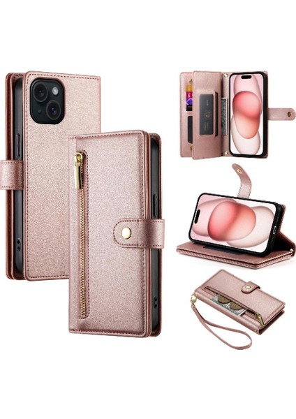 IPhone 15 Bilek Kayışı Kickstand Çok Fonksiyonlu Kart Yuvaları Için Flip Case (Yurt Dışından)
