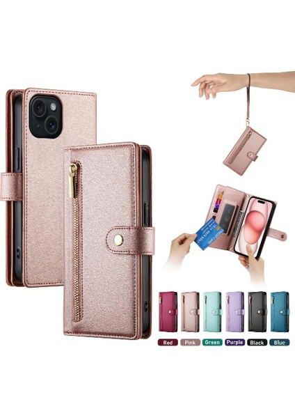 IPhone 15 Bilek Kayışı Kickstand Çok Fonksiyonlu Kart Yuvaları Için Flip Case (Yurt Dışından) modelleri
