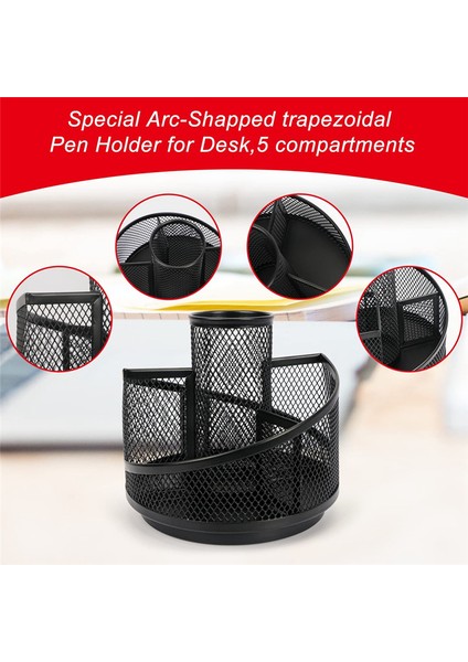 Masa Için Kalem Tutucu, Mesh Masa Düzenleyici, 360 Derece Dönen Dönen Siyah Metal Mesh Masaüstü Organizatör, 5 Bölme (Yurt Dışından)