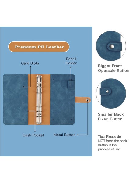 A6 Fermuarlı Zarflı Bütçe Bağlayıcı, Nakit Zarflı Cepler ve Etiketli Bağlayıcı Kapak Klasörü Bütçe Planlayıcısı, Mavi (Yurt Dışından)