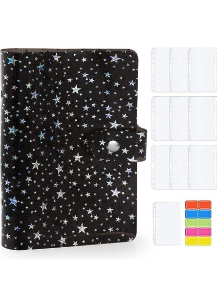 11 Adet A6 Bütçe Bağlayıcı Pvc 6 Halkalı Doldurulabilir Bağlayıcı Kapağı, 9 Bağlayıcı Cepli/1 Bağlayıcı Kart/1 Etiket (Siyah Yıldız) (Yurt Dışından)
