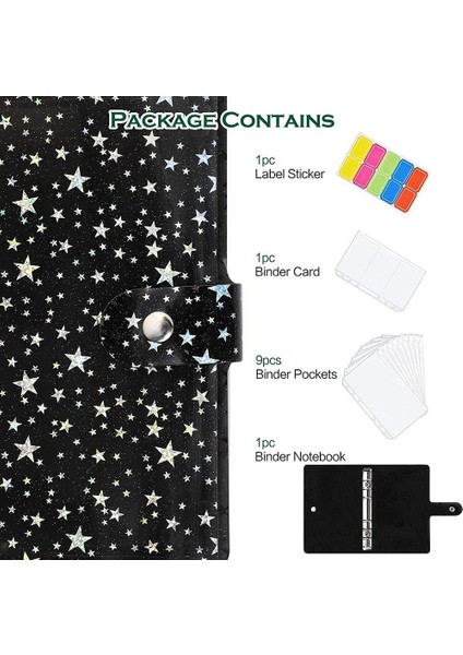 11 Adet A6 Bütçe Bağlayıcı Pvc 6 Halkalı Doldurulabilir Bağlayıcı Kapağı, 9 Bağlayıcı Cepli/1 Bağlayıcı Kart/1 Etiket (Siyah Yıldız) (Yurt Dışından) fırsatları