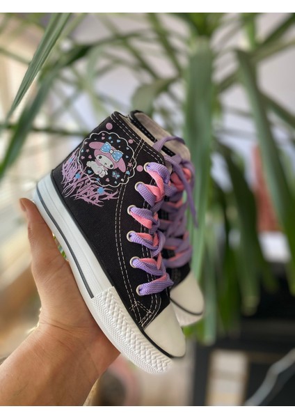 Mymelody Baskılı Siyah Uzun Keten Sneaker Günlük Spor Ayakkabı Ortopedik Taban