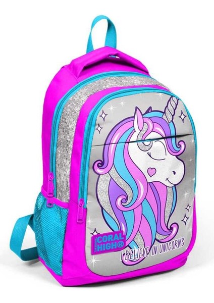 Kids Pembe Gümüş Simli Unicorn Desenli Üç Bölmeli Okul Sırt Çantası 14383