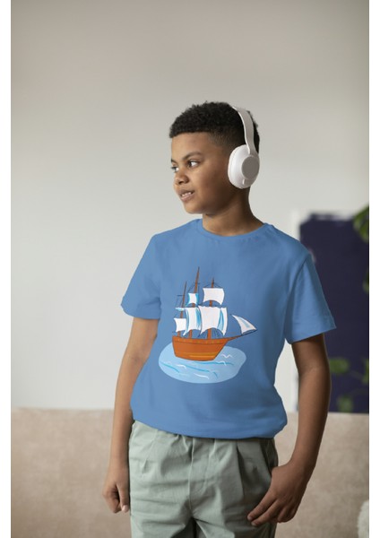 Erkek Çocuk Pamuk Gemi Baskılı Kısa Kol Tshirt