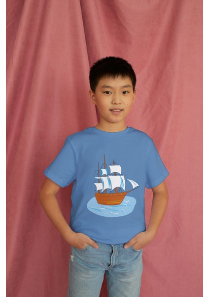 Erkek Çocuk Pamuk Gemi Baskılı Kısa Kol Tshirt modelleri