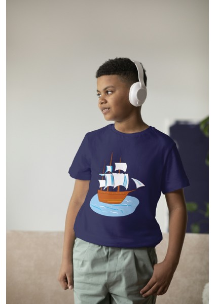 Erkek Çocuk Pamuk Gemi Baskılı Kısa Kol Tshirt