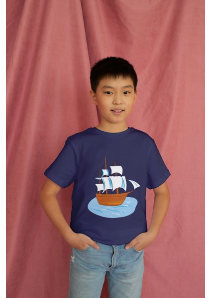 Erkek Çocuk Pamuk Gemi Baskılı Kısa Kol Tshirt modelleri