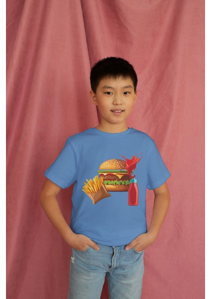 Erkek Çocuk Pamuk Hamburger Baskılı Kısa Kol Tshirt