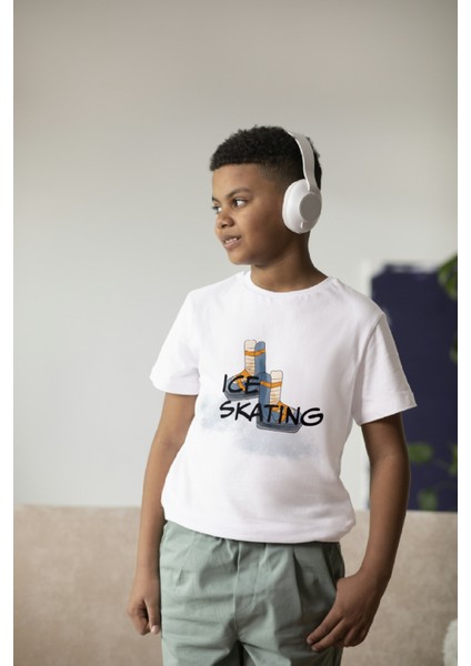 Erkek Çocuk Pamuk Ice Skating Baskılı Kısa Kol Tshirt