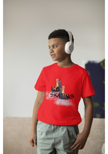 Erkek Çocuk Pamuk Ice Skating Baskılı Kısa Kol Tshirt