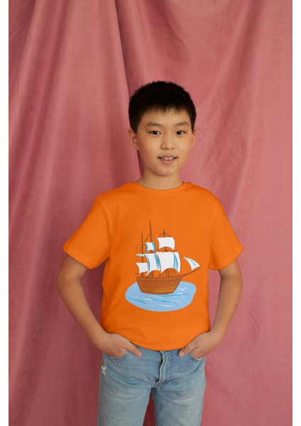 Erkek Çocuk Pamuk Gemi Baskılı Kısa Kol Tshirt