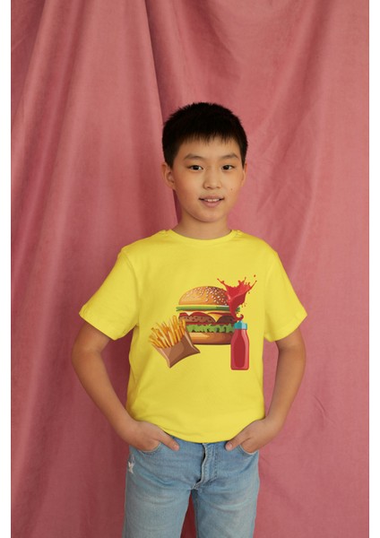 Erkek Çocuk Pamuk Hamburger Baskılı Kısa Kol Tshirt modelleri