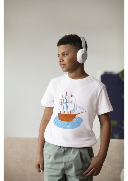 Erkek Çocuk Pamuk Gemi Baskılı Kısa Kol Tshirt