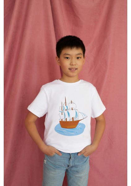 Erkek Çocuk Pamuk Gemi Baskılı Kısa Kol Tshirt modelleri