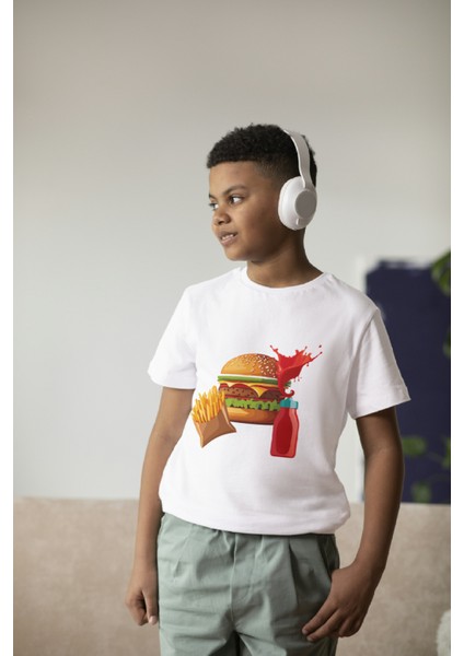 Erkek Çocuk Pamuk Hamburger Baskılı Kısa Kol Tshirt