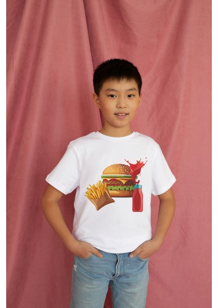 Erkek Çocuk Pamuk Hamburger Baskılı Kısa Kol Tshirt modelleri