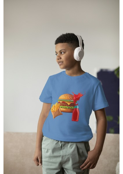 Erkek Çocuk Pamuk Hamburger Baskılı Kısa Kol Tshirt