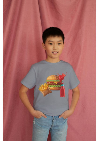 Erkek Çocuk Pamuk Hamburger Baskılı Kısa Kol Tshirt modelleri
