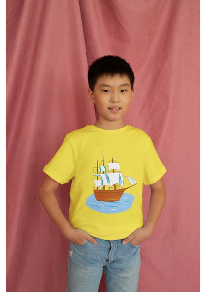 Erkek Çocuk Pamuk Gemi Baskılı Kısa Kol Tshirt modelleri