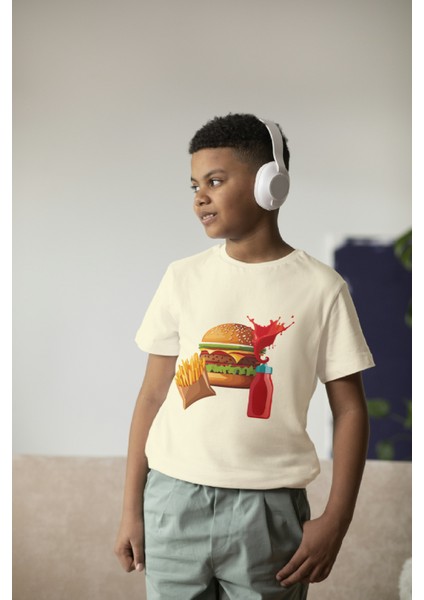 Erkek Çocuk Pamuk Hamburger Baskılı Kısa Kol Tshirt