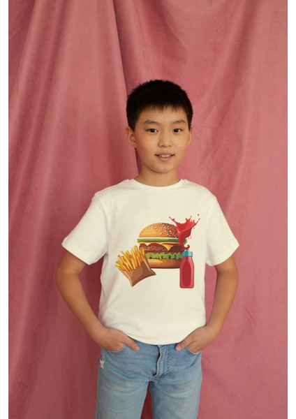Erkek Çocuk Pamuk Hamburger Baskılı Kısa Kol Tshirt modelleri