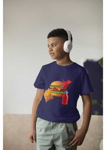 Erkek Çocuk Pamuk Hamburger Baskılı Kısa Kol Tshirt