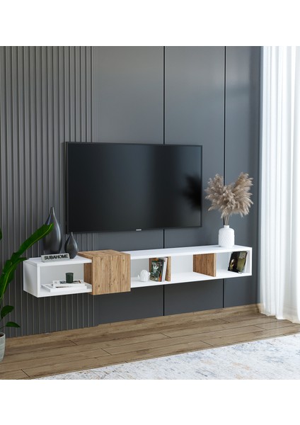Slimline Beyaz Ahşap Duvara Monte Açık Raflı Minimalist Tv Ünitesi 160 cm - Şık ve Fonksiyonel Tasarım
