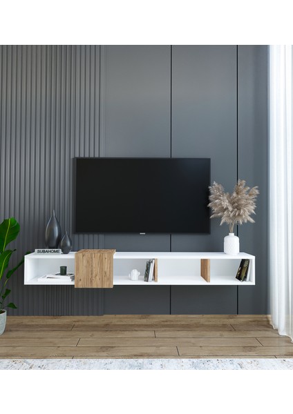 Slimline Beyaz Ahşap Duvara Monte Açık Raflı Minimalist Tv Ünitesi 160 cm - Şık ve Fonksiyonel Tasarım fiyatları