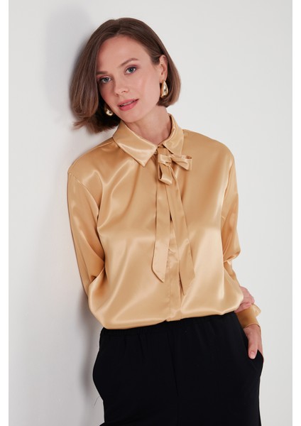 Regular Fit Bağlama Detaylı Saten Gömlek Bayan Gömlek 611GO00159 fiyatları