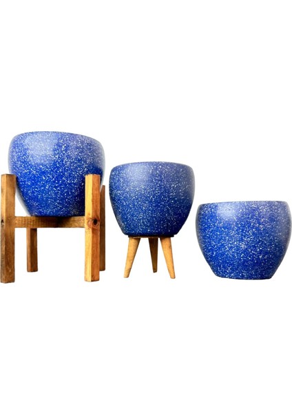 Ev Dekorasyon Lacivert Granit Toprak Saksı Saksılık Salon Çiçeklik Üçlü Set - 15 CM