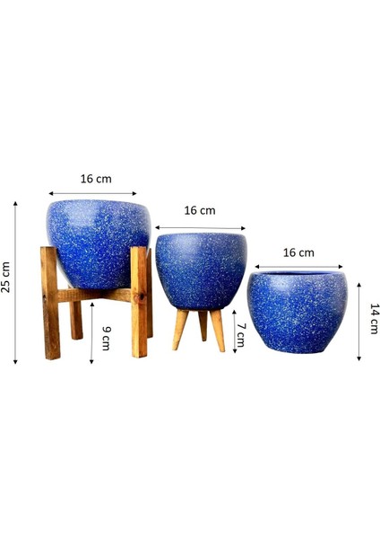 Ev Dekorasyon Lacivert Granit Toprak Saksı Saksılık Salon Çiçeklik Üçlü Set - 15 CM