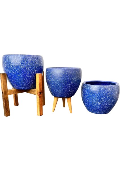 Ev Dekorasyon Lacivert Granit Toprak Saksı Saksılık Salon Çiçeklik Üçlü Set - 15 CM