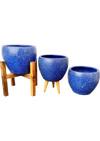 Ev Dekorasyon Lacivert Granit Toprak Saksı Saksılık Salon Çiçeklik Üçlü Set - 15 CM